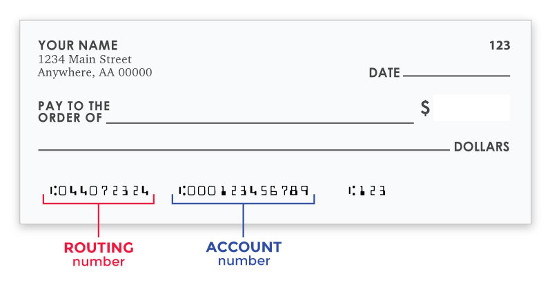 Sample check showing routing and account number
